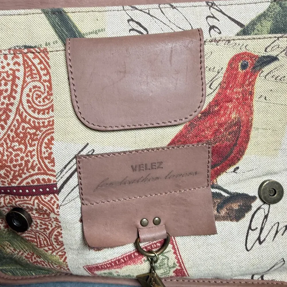 Velez Bird Print Canvas & Leather Messenger Crossbody Satchel Bag